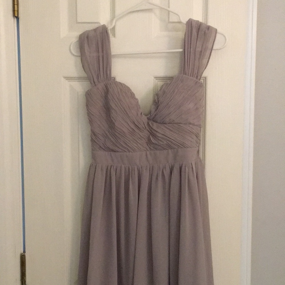 Light grey off the shoulder floor length dress